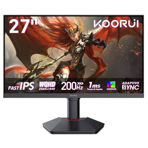 KOORUI G2722P Monitor Gaming QHD 27" piatto, Fast IPS, 200 Hz, 1 ms, altezza regolabile (2560 x 1440, HDR 400, 400 nit, 95% DCI-P3, HDMI, DisplayPort)