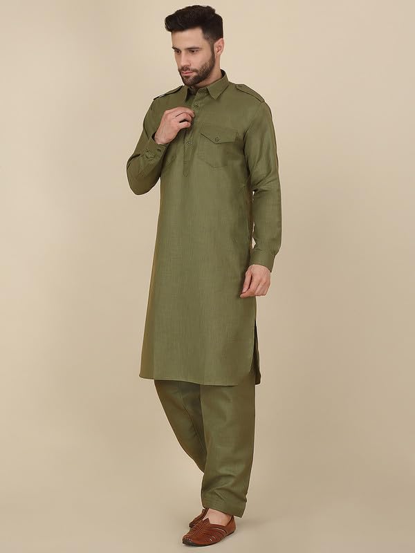 Image of KRAFT INDIA Men's Cotton Pathani Kurta With Drawstring Salwar Set