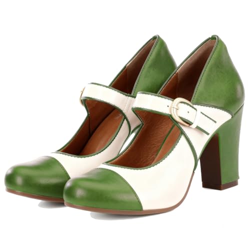 Image of SHODENSE Women Vintage Chunky High Heel Mary Jane Shoes Round Closed Toe Ankle Strap Dress Sandals 3 inch Block Heels Mary Jane Lolita Pumps Two-Toned Patchwork Buckle Office Lady Wedding Retro 4-11 M US