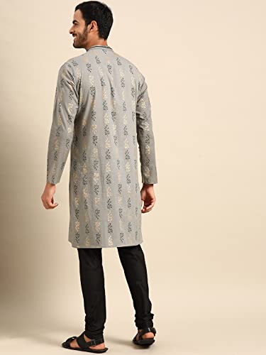 Image of Men's Black Art Silk Regular Fit Ethnic Motifs Kurta | Indian Kurta | Festive Ethnic Kurta with Embroidered Packet