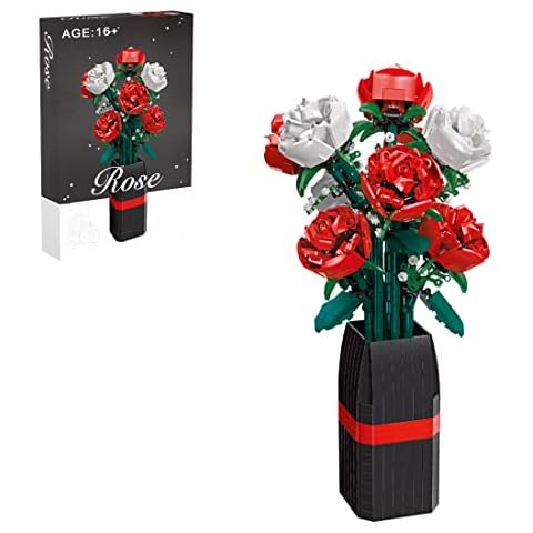 WUGU Rose with Vase Building Set, 878Pcs Botanical Collection Flower Bouquet Building Blocks, Artificial Flowers Plant Architecture Toy for Kids Adults, Compatible with Lego 40460 Rose Cover