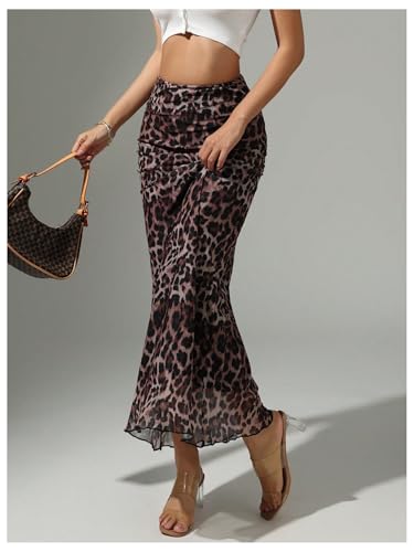 Verdusa Women's Leopard Print Mesh Maxi Skirts High Rise Bodycon Fishtail Skirt4