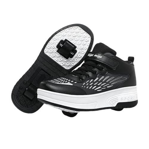 Surwin Zapatillas con Ruedas Niña, Zapatos de Niños de Corte Medio con Ruedas Traseras Retráctiles, Hebilla de Nailon Zapatillas de Skateboard Zapatos de Skate Roller Skate Shoes (Negro,30)