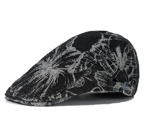 Image of Quanhaigou Men's Cotton Flat Ivy Gatsby Newsboy Driving Hat Adjustable Irish Cabbie Ivy Driving Hunting Cap (Floral Black)