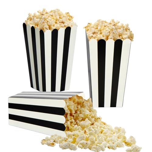 XIEHE 24 Pack Striped Popcorn Boxes - Carnival Parties Mini Paper Popcorn and Candy Containers Party Supplies for Movie Nights (Black)