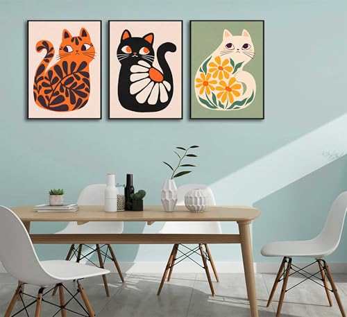 Zlyartmp 3Pcs Boho Cats Wall Art Mid Century Modern Orange Canvas Cats Prints Vintage Retro Black Cats Paintings Cute Plant Animail Posters Pictures For Living Room Bedroom Bathroom Wall Decor Unframed thumb #4