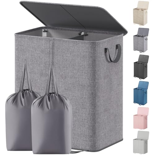 Lifewit Double Laundry Hamper with Lid and Removable Laundry Bags, Large Collapsible 2 Dividers...
