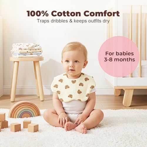 Image of SNOWIE SOFT 4Pcs Cotton Bibs for Baby 6 to 12 Months with Adjustable Snap Buttons, Soft Absorbent Feeding Cloth to Cover Baby Products Waterproof Bibs for Teething & Daily Use