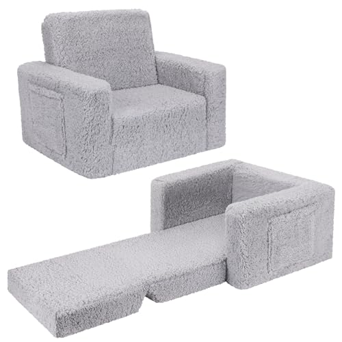 SLIGUY Sofá y silla para niños pequeños, sofá convertible a tumbona, sofá extraíble con funda de sherpa en gris oscuro