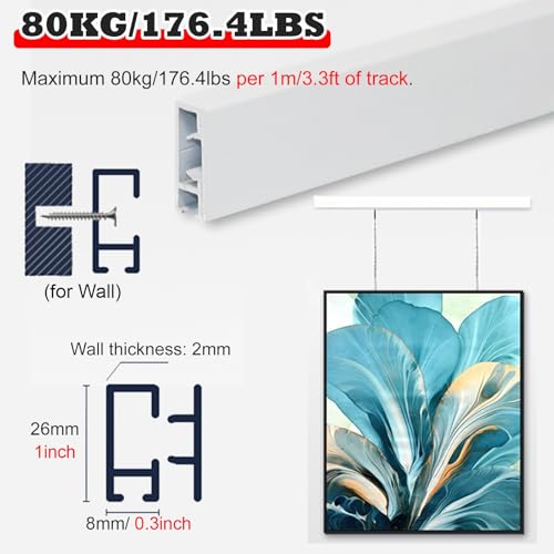 Image of Heavy-Duty Wall Tracks & Art Hanging Kit, Picture Display Track for Gallery /Schools /Museums /Office /Photo Studio, Frame Hanging with Installation Hardware(2m /6.6ft Track,2.5m /8.2ft Cable)