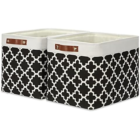 HNZIGE Large Fabric Storage Baskets 16"×11.8"×11.8" Rectangular Baskets with Leather Handles (2 Pack) Black Closet Organizer Bins for Organizing Clothes, Toy, Books, Home(White&Black Pattern) Cover