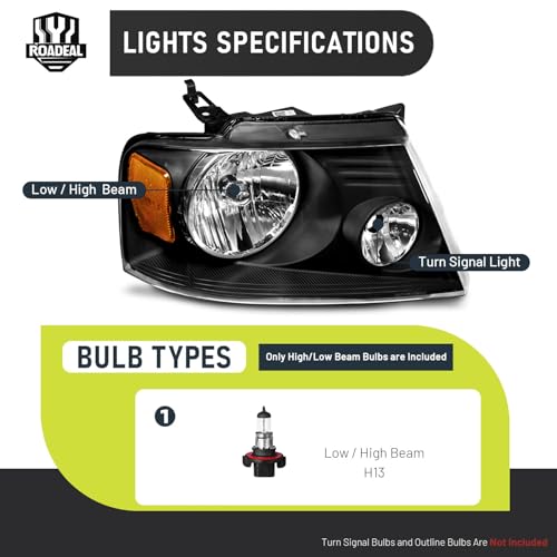 Image of Headlights for 2004-2008 Ford F150 /2006-2008 Lincoln Mark LT | Halogen Headlamp Replacement with High Low Beam Bulbs, Black Housing, Driver & Passenger Side