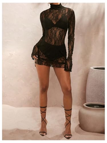 Image of BEAUDRM Women's Lace Mini Dress See Through Sheer Mesh Lingerie Dress Mock Neck Bodycon Dresses Party Outfits Clubwear