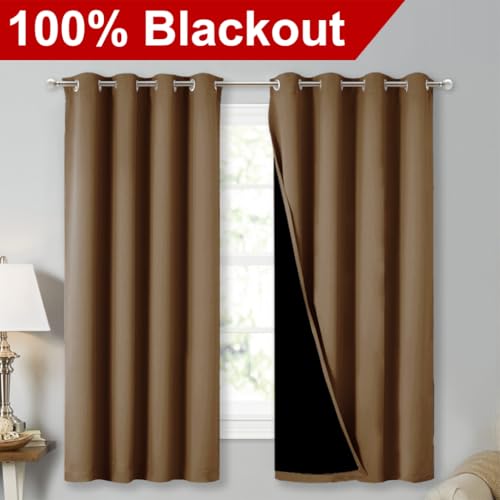 Image of NICETOWN 100% Blackout Lined Curtains, Totally Darkness Drapes with Silver Grommet, Thermal Insulated Drapes for Master Bedroom (Gold Brown, 1 Pair, 52 inches Width x 63 inches Length Each Panel)