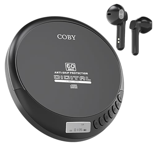 Coby Portable CD Player with Bluetooth & Wireless Earbuds, Rechargeable Discman with FM Radio, MP3 CD Playback, Anti-Skip Protection, AUX & Headphone Jack, Lightweight CD Player for Home Car Travel