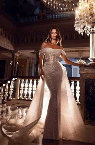 Sparkly Mermaid Prom Dresses for Women Off Shoulder Sequin Wedding Dresses Long Formal Evening Party Gown with Train4
