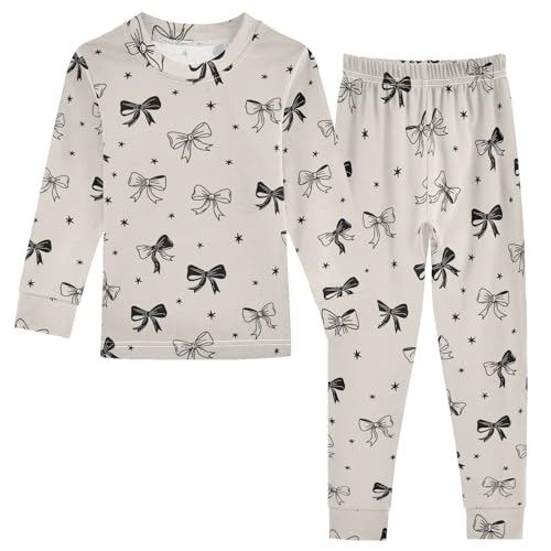 Pajama Sets Long Sleeve Cream Bow Ties Soft Comfy Sleepwear 2 Piece PJS 3-8T