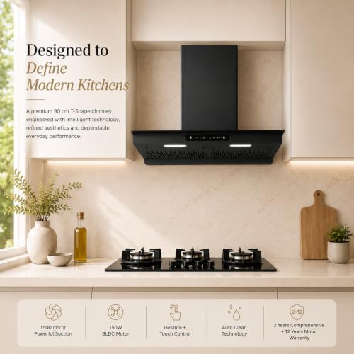 Image of Faber Mercury 90cm 1500m /hr BLDC Filterless Autoclean T-Shape Max Grill Chimney|3 Speed| 46dB|Touch&Gesture Control|12Yr Motor,2Yr Comprehensive Warranty by Faber|Hood MERCURY BLDC FL SC HC BK IN90-T