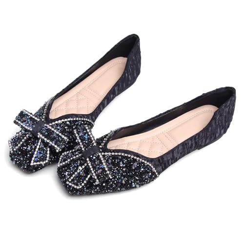 Image of SAILING LU Women's Rhinestone Square Toe Bowknots Ballet Flats Loafers