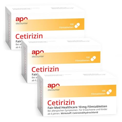 apodiscounter Cetirizin 10 mg - Allergie-Filmtabletten gegen Heuschnupfen Allergien Nesselsucht & allergische Bindehautentzündung - schnelle & zuverlässige Hilfe (3x 100 Stück)