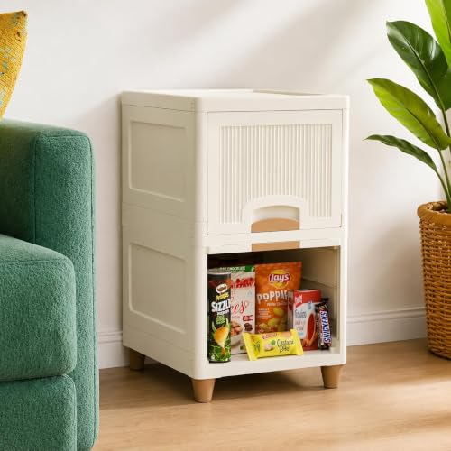 Image of Multipurpose Foldable Drawer Cabinet Organizer - Plastic Storage Cupboard with Double Door & Wheels | Clothes Rack, Kids Wardrobe for Home, Kitchen, Office (Ivory Drawer) 2 Layer