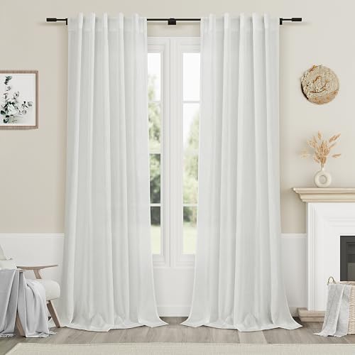 Image of Off White Linen Curtains 96 Inches Long 2 Panels Set Back Tab Rod Pocket Semi Sheer Light Filtering Window Curtain Drapes Neutral Modern Aesthetic Long Curtains for Living Room Bedroom Decor 40x96