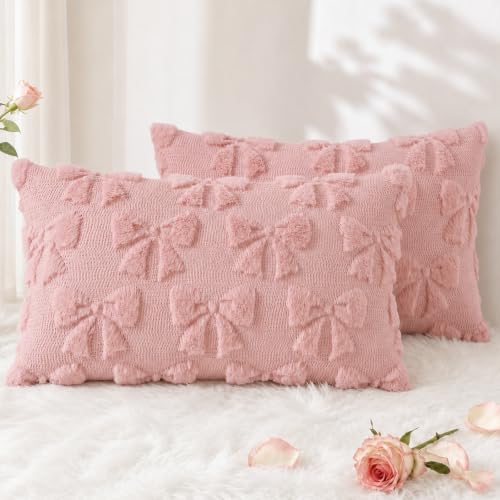 Image of decorUhome Pink Bow Cute Girl Faux Fur Throw Pillow Covers 12x20 Set of 2