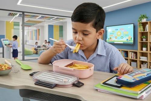 Image of 3-Compartment Lunch Box with Spoon, Leakproof BPA Free Plastic Container, Airtight Lock Lunch Box for Kids School, Office, Picnic & Travel