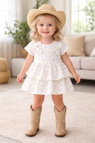 Image of Bold N Elegant Baby Girl Cotton Summer Dress Frock with Cherry Print n Bow | Short Sleeve Casual Outfit for Infant Toddler Girls