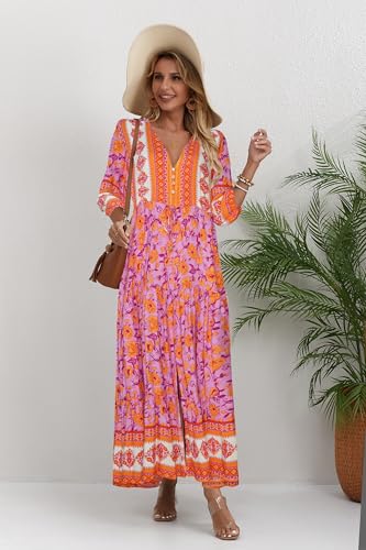 Image of Women Short Sleeve V Neck Floral Print Casual Bohemian Maxi Dresses