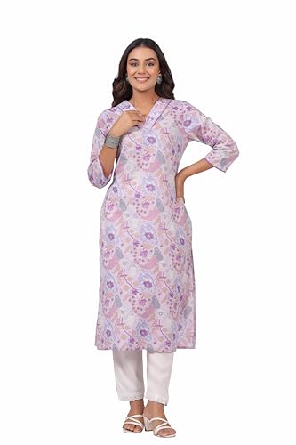 Image of Ichaa Women's Pure Cotton Embroidered V-Neck Ethnic Kurta with 3 /4th Sleeve for Daily and Office Wear, in Plus Sizes