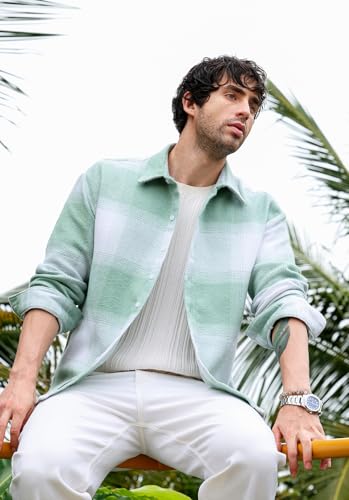 Image of CAHOOT Men's Vignette Checkered Oversized Shirt | Spread Collar, Long Single Button Cuff Sleeves | Button, Straight Hem| Light Pistachio:Cream White