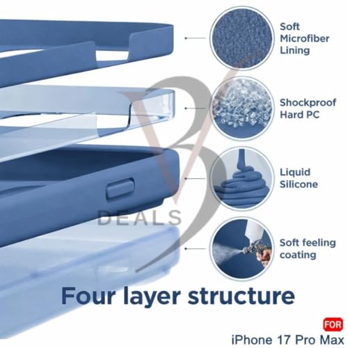 Image of Compatible for iPhone 17 Pro Max Case Cover, 4 Layer Full Protection Silicone Phone Case with Camera & Screen Protection with 360 Soft Micro-Fiber Lining, Shock-Absorbing Design (Blue)