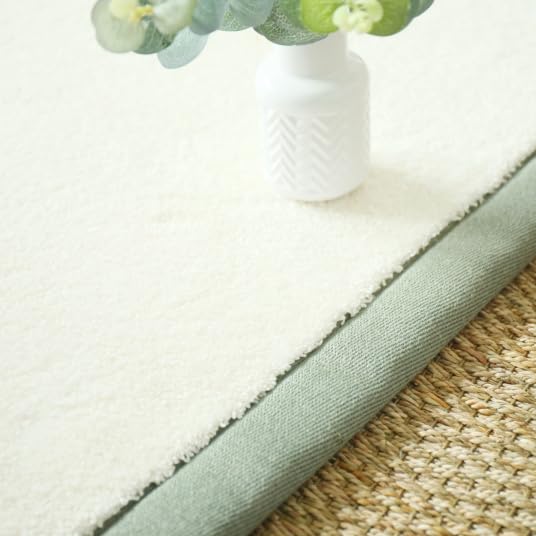 Decoweb Tapis Doux Poils Longs - Touch Blanc crème - Ganse Lin Vert Sauge - 160 x 230 cm