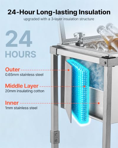 Image of VEVOR Commercial Ice Bin, Underbar Ice Bin, Stainless Steel Ice Chest with Sliding Lid, Bottle Holders, Adjustable Bullet Feet, Cooler Cart Cocktail Unit for Bar Restaurant Pub