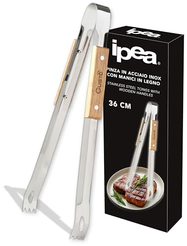 IPEA Pinze da Cucina in Acciaio Inox con Manici in Legno - Design Innovativo - Pinza Professionale per Barbecue, Carne, Pasta, Bistecche, Buffet - Pinze da Chef Resistenti al Calore - 36 cm