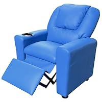 Kids Recliner Chair w/ Cup Holder, Toddler Recliner Chair Ages 1-4, 2-in-1 PU Leather Single Sofa for Boys/Girls, Kids Lazy Boy Chairs, Upholstered Armchair, Adjustable Backrest & Footrest (Blue)