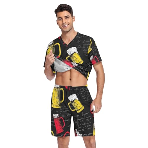 Red Yellow Mugs Beer Black Men's Pajama Sleep Sets Short Sleeve V Neck 2 Pcs Pjs Nightwear Summer, Small3