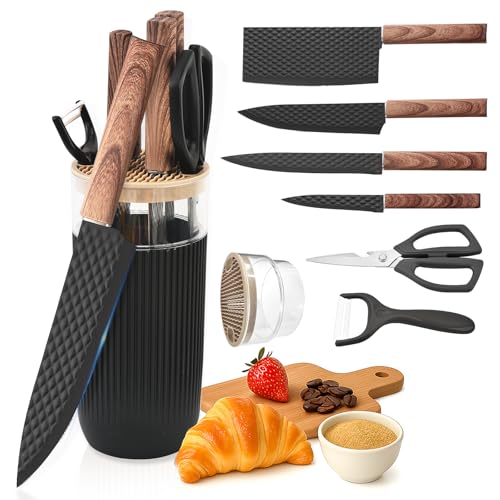 TOPLUCKY Knife Set, 7-Piece Kitchen Knife Set with Sharp Chef and Meat Knives, Anti-Rust Utility Knives Set for Kitchen, Kitchen Knife Block Set – Black