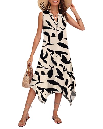 Image of AUSELILY Womens Summer Midi Dress V Neck Sleeveless Casual with Pockets | Flowy womens summer dress with asymmetrical hem, great for beach, vacation and daily wear