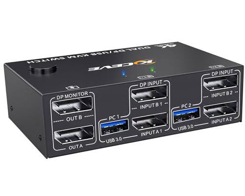 KCEVE KVM Switch 2 Monitors 2 Computers 4K@144Hz, Displayport KVM Switch Dual Monitor for 2 Computer Share 2 Monitor and 4 USB 3.0 Devices, with Wired Remote