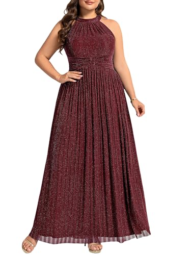 Image of Ever-Pretty Plus Women's Floor Length A-Line Halter Sleeveless Pleated Glitter Plus Size Formal Dress Evening Gown