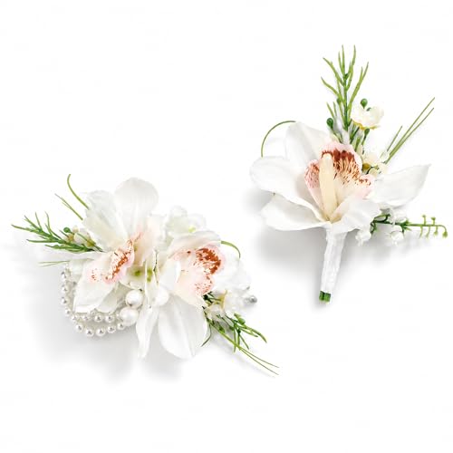 Rinlong Corsage and Boutonniere Set Orchid Corsages Wristlet Groom Flower Boutonniere for Men Wedding Homecoming Corsage for Prom