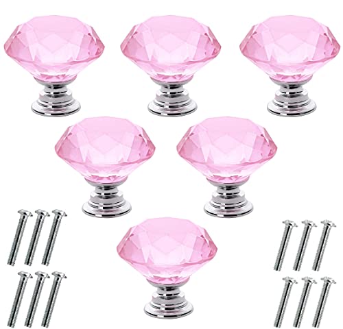Akstore 6 Pcs Crystal Glass Cabinet Knobs 30mm Diamond Shape Drawer Kitchen Cabinets Dresser Cupboard Wardrobe Pulls Handles (30mm Pink)