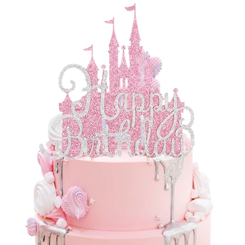 2Pcs Pink Princess Cake Toppers Silver Happy Birthday Cake Decorations Glitter Castle Picks for Baby Shower Girls Princess Birthday Party Supplies