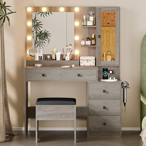 Image of Vanity Desk with Mirror and Lights, Grey Makeup Vanity with 5 Drawers Hidden Jewelry Organizer& LED Glass Cabinet,3 Light Mode and Brightness Adjusted,Vanities Mirror with Lights Desk and Chair