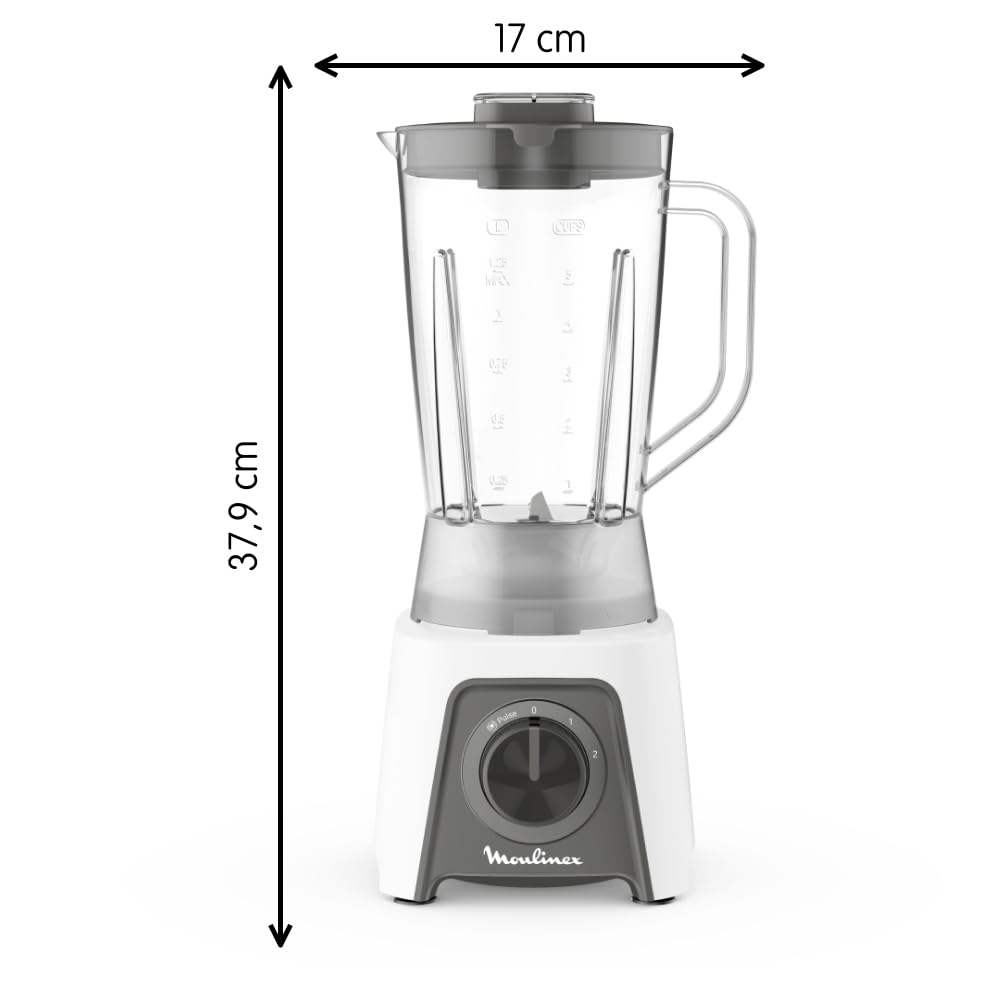 Moulinex Blendeo+, Batidora de vaso de 450 W, Jarra de 1,5 L, 2 velocidades + función Pulse, Pica hielo, Duraforce Label, Sistema de bloqueo inteligente, Cuchillas extraíbles, Blanca, LM2C0110