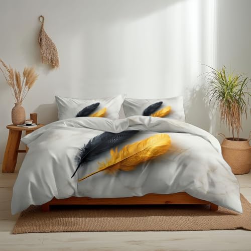Housse de couette 160x200 cm marbre or et plumes noires en microfibre douce - 6