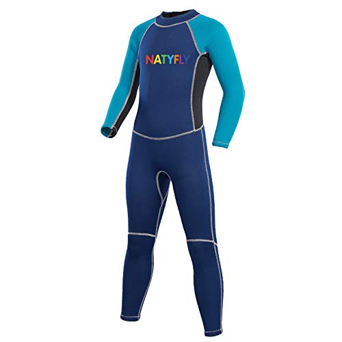 NATYFLY Neoprene Wetsuits for Kids Boys Girls Back Zipper One Piece Swimsuit UV Protection-Brand (Blue-2MM-Long Sleeve, L-for Height 47"-52")