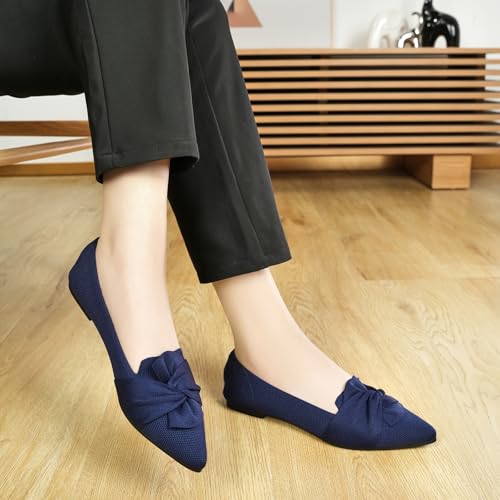 Image of HIULYCENCE Flats for Womens Pointed Toe Ballet Flats with Bow Comfortable Knit Dressy Flats